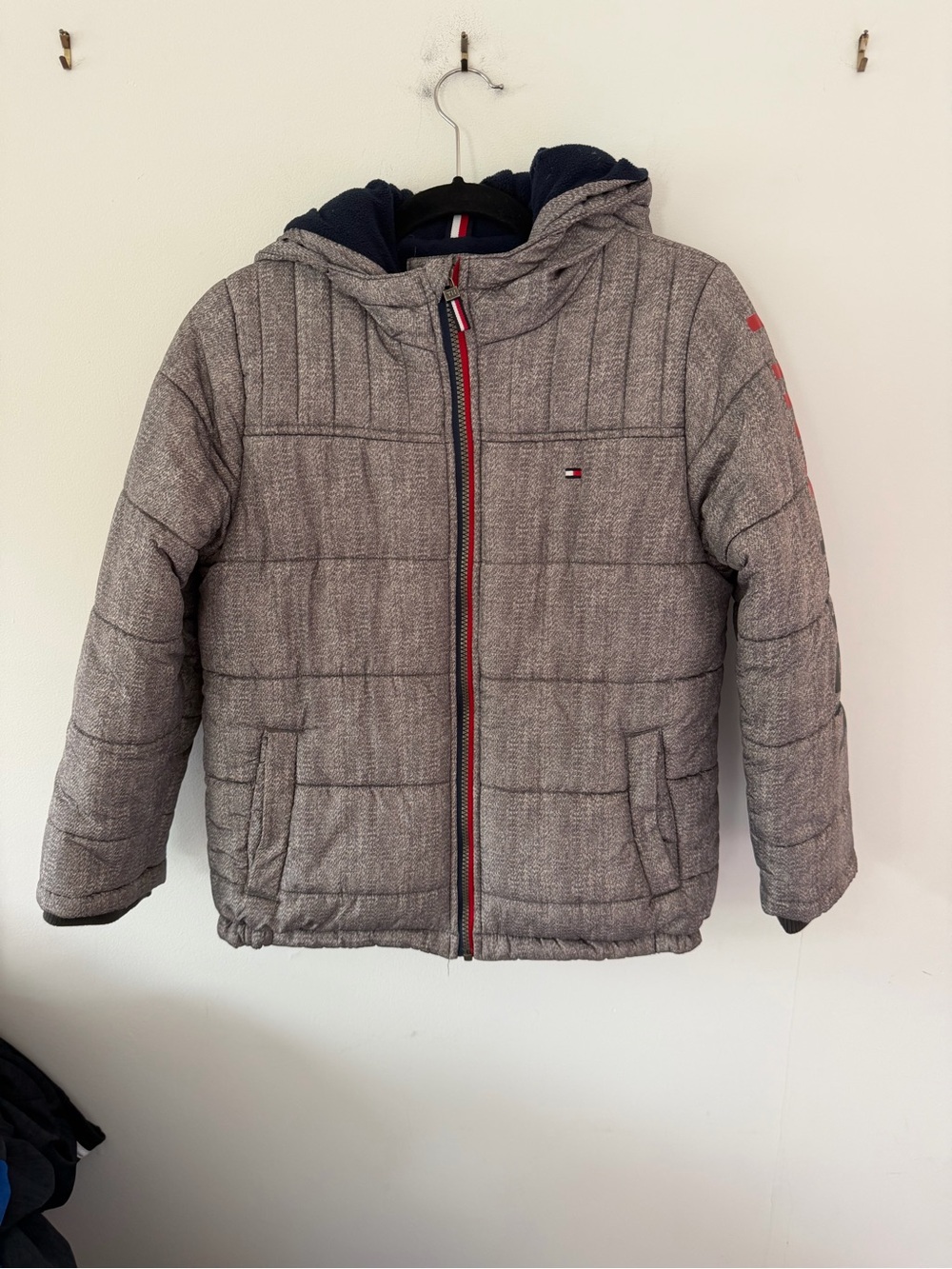 Tommy Hilfiger Kids Heather Gray Hooded Quilted Puffer Jacket with Navy Lining